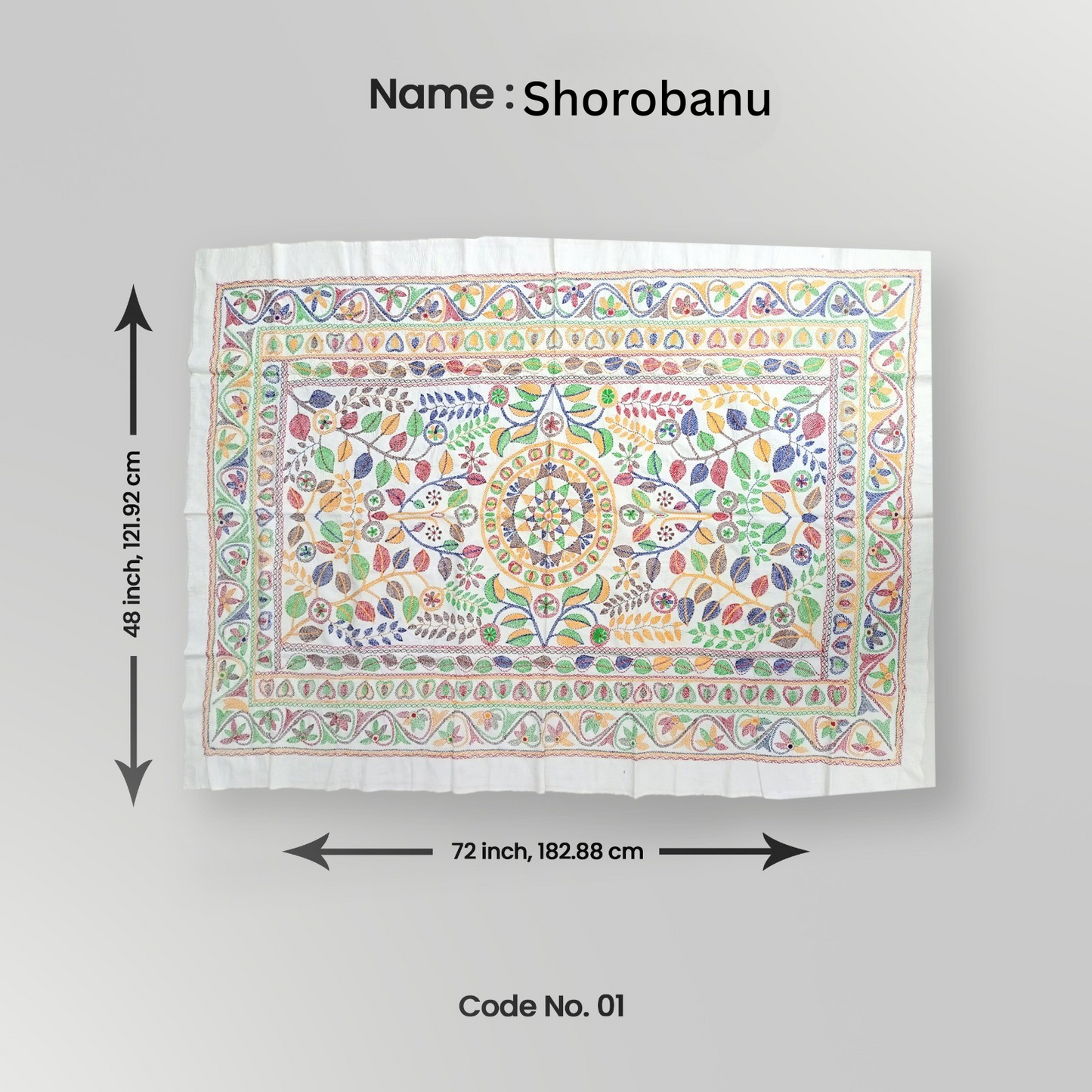 Decorative shawl with colorful patterns and measurements on a gray background