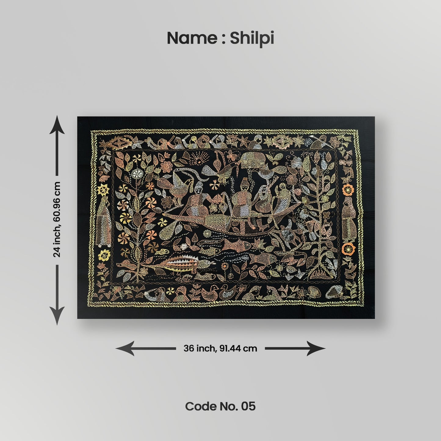 A decorative tapestry featuring floral and animal patterns, with the name 'Shilpi' and measurements '24 inches by 36 inches' indicated on the image.