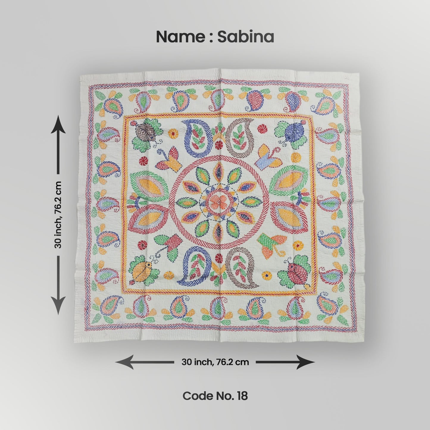 A decorative tapestry with a floral pattern, measuring 30 inches by 30 inches, laid flat on a white background with dimensions labeled.