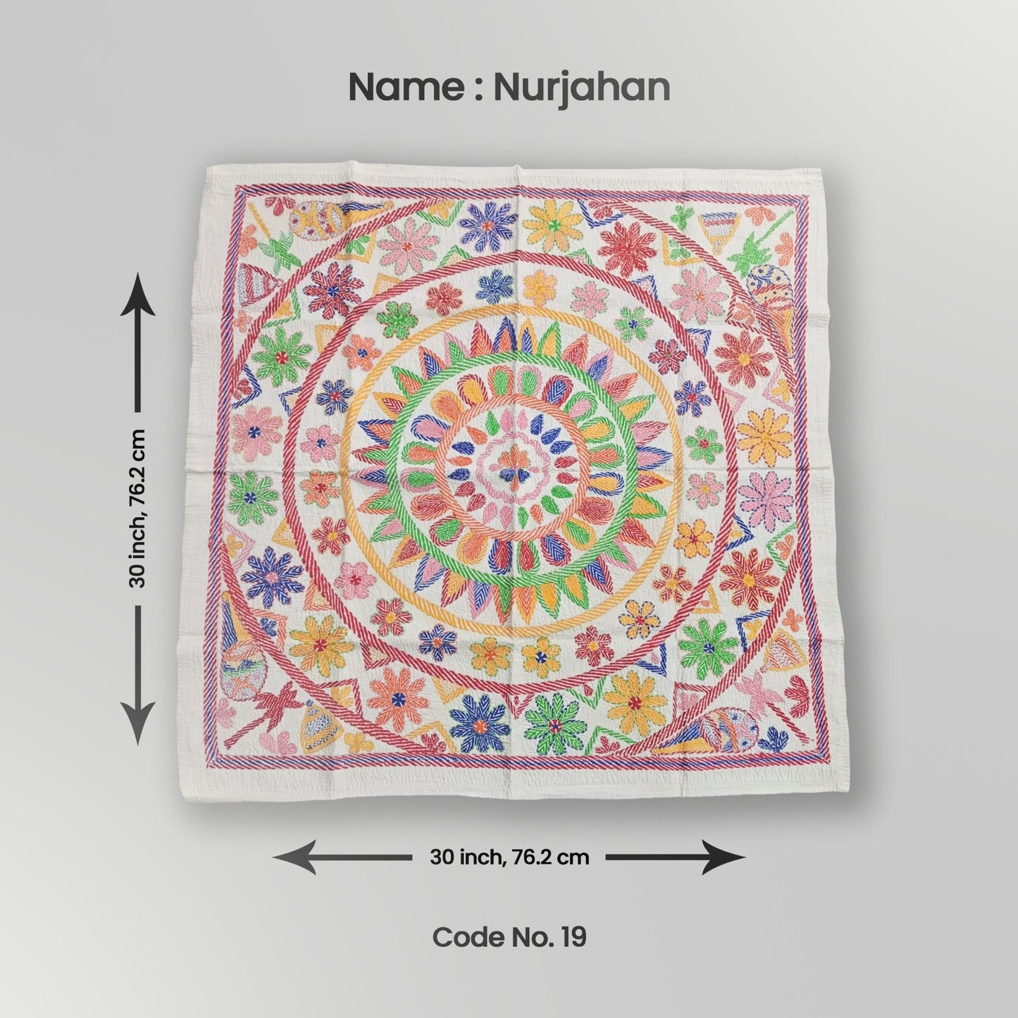 A colorful decorative tapestry featuring a geometric pattern with floral motifs, displayed against a white background with measurements indicated.