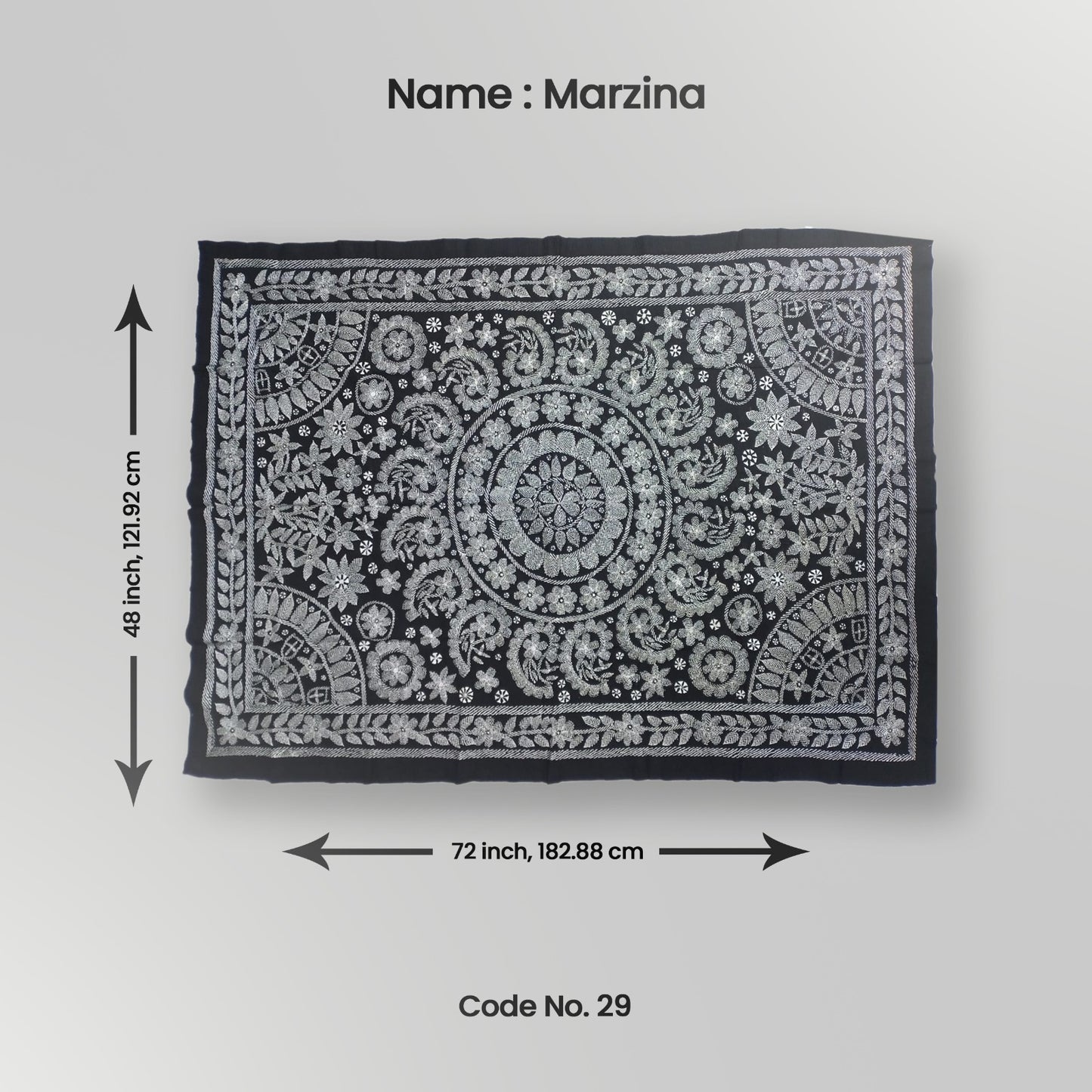 A black decorative throw with white floral patterns laid flat, measuring 48 inches by 72 inches.