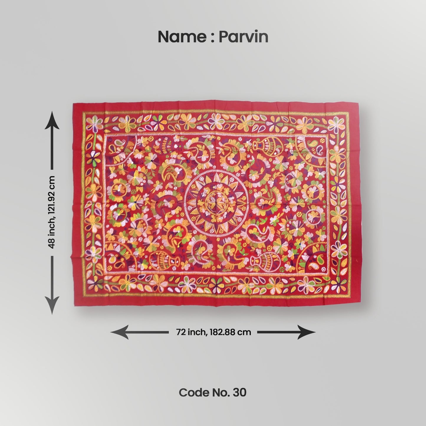 A decorative throw with a geometric pattern, predominantly red with accents of yellow and green, displayed on a white background with measurements provided.
