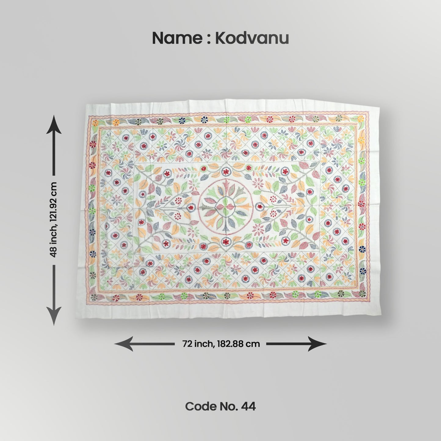 A decorative throw with floral and geometric patterns in multicolor, laid flat with measurements displayed.