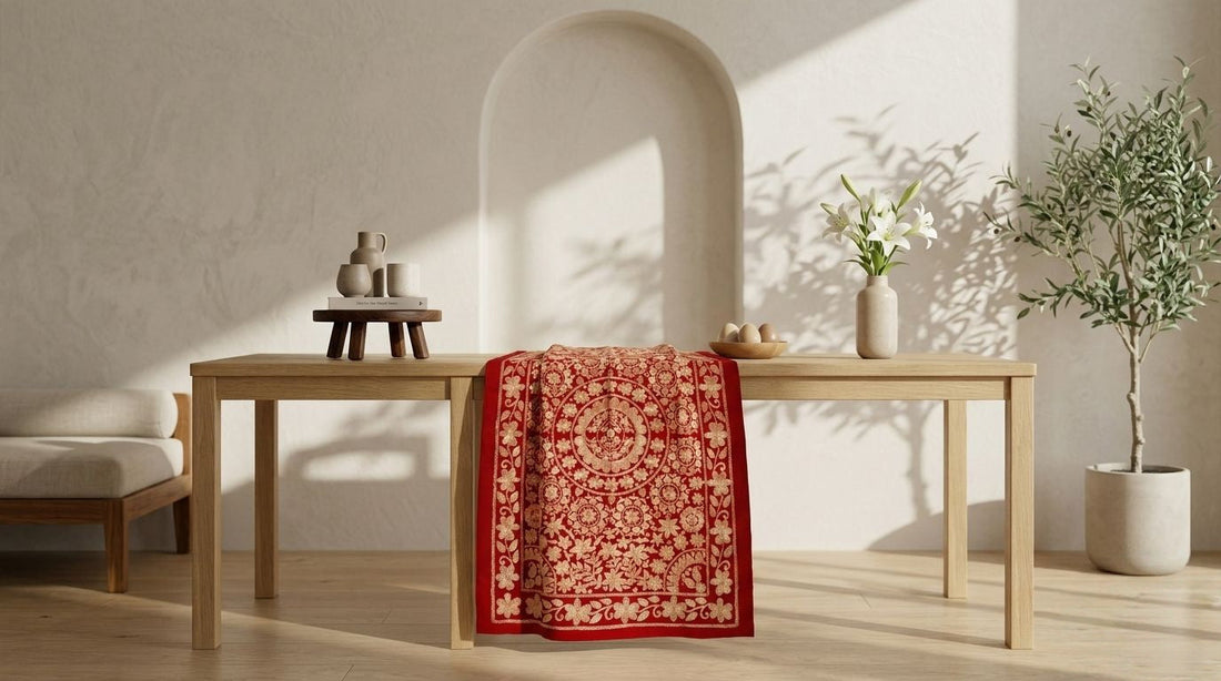 Red Nakshi Kantha throw folded over a wooden bench in a bright room