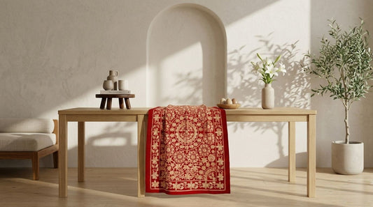 Red Nakshi Kantha throw folded over a wooden bench in a bright room
