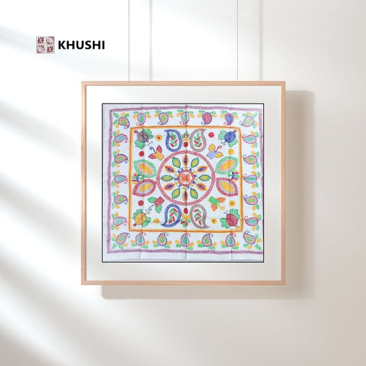 Colorful patterned fabric in a wooden frame with 'KHUSHI' branding on a white background