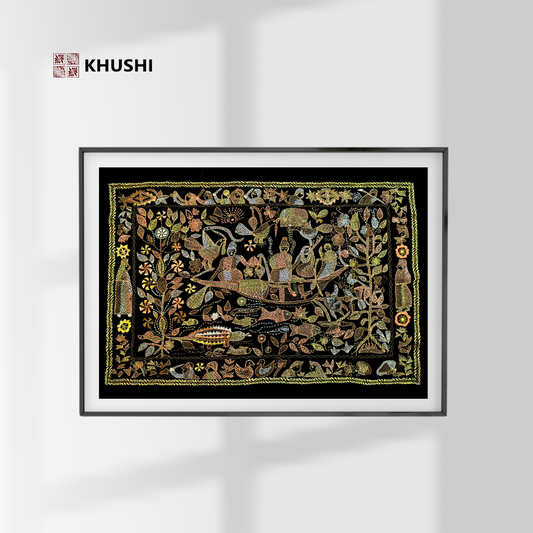 Decorative wall art with intricate designs and figures, framed by KHUSHI on a white background.