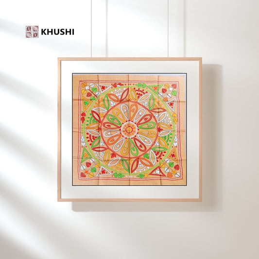 Framed colorful mandala art on a white wall with 'KHUSHI' branding.