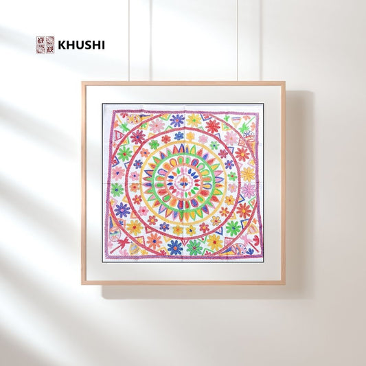 Framed colorful mandala art on a white wall with 'KHUSHI' branding.