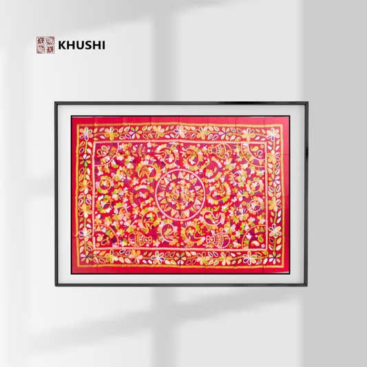 Decorative red and gold patterned fabric with 'KHUSHI' branding on a white background