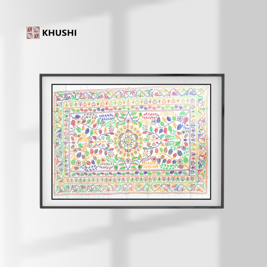Decorative wall art with colorful patterns and 'KHUSHI' branding on a white background