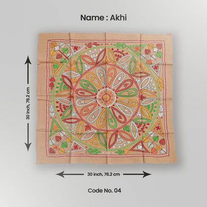 A decorative tapestry with a floral pattern displayed on a flat surface, measuring 30 inches by 30 inches.