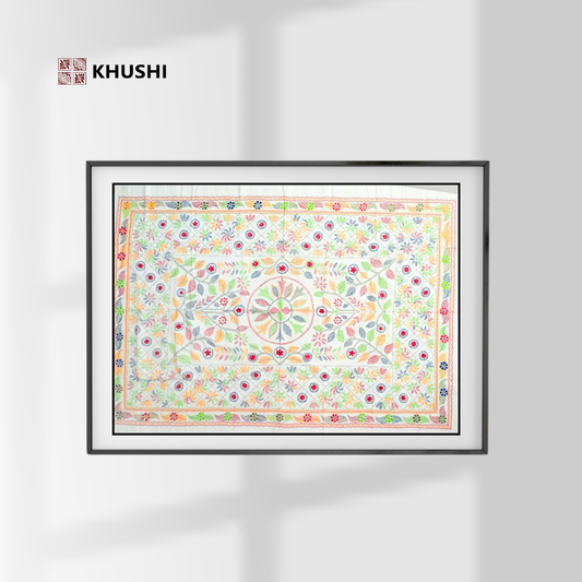 Decorative wall art with floral pattern and 'KHUSHI' branding on a white background