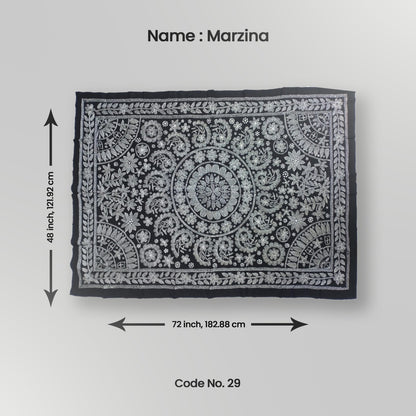 A black decorative throw with white floral patterns laid flat, measuring 48 inches by 72 inches.