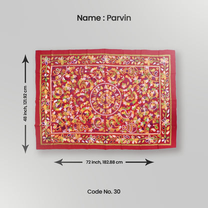 A decorative throw with a geometric pattern, predominantly red with accents of yellow and green, displayed on a white background with measurements provided.