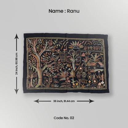 Decorative tapestry featuring a nature-inspired design with trees and foliage, predominantly in shades of brown and green, displayed on a white background.