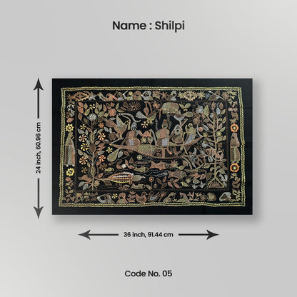 A decorative tapestry featuring floral and animal patterns, with the name 'Shilpi' and measurements '24 inches by 36 inches' indicated on the image.