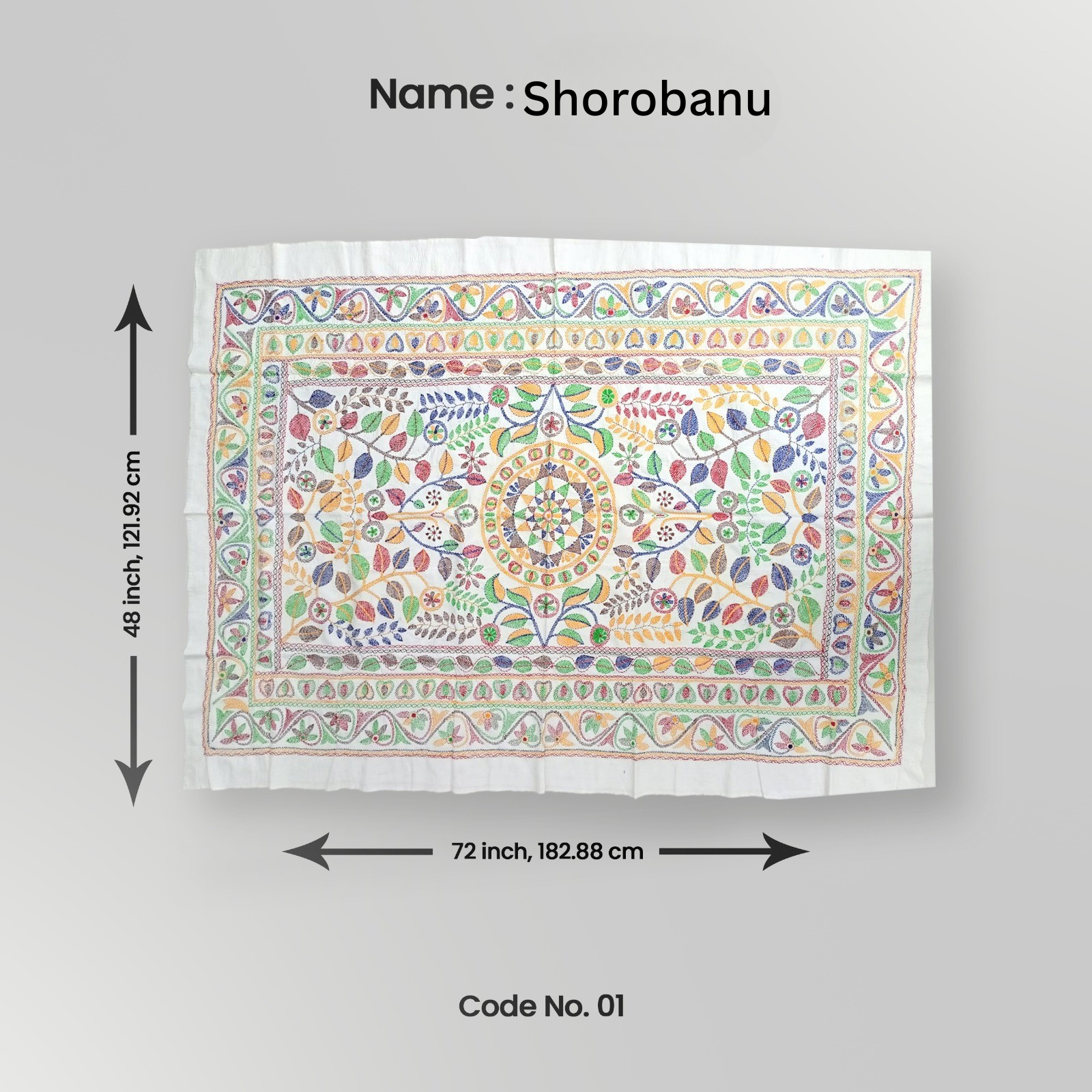 Decorative shawl with colorful patterns and measurements on a gray background