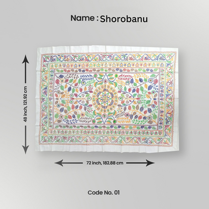 Decorative shawl with colorful patterns and measurements on a gray background
