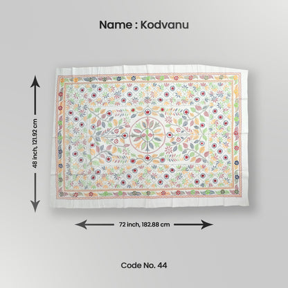 A decorative throw with floral and geometric patterns in multicolor, laid flat with measurements displayed.