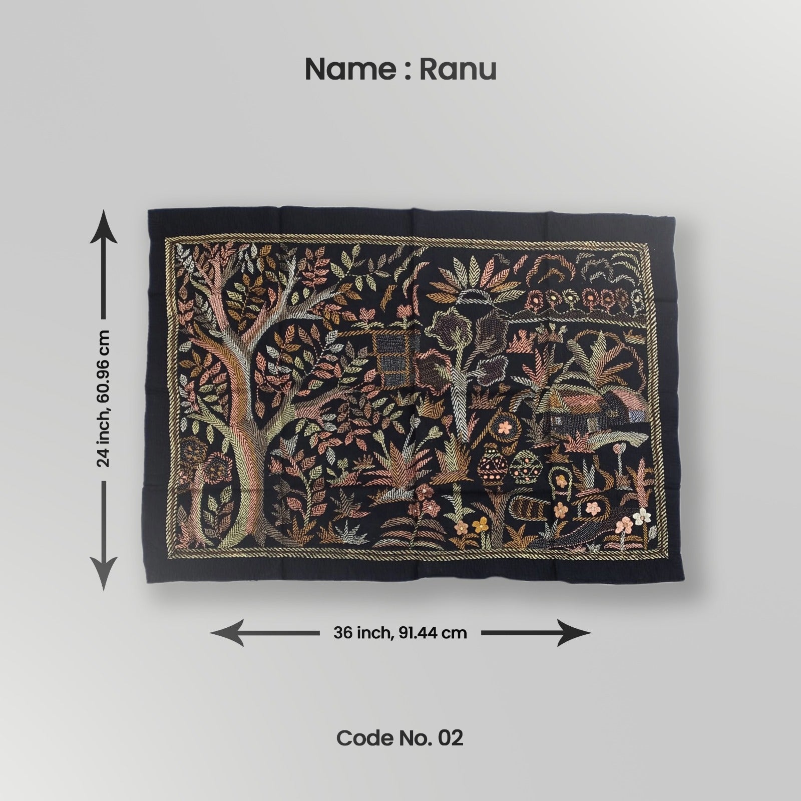 Decorative tapestry featuring a nature-inspired design with trees and foliage, predominantly in shades of brown and green, displayed on a white background.