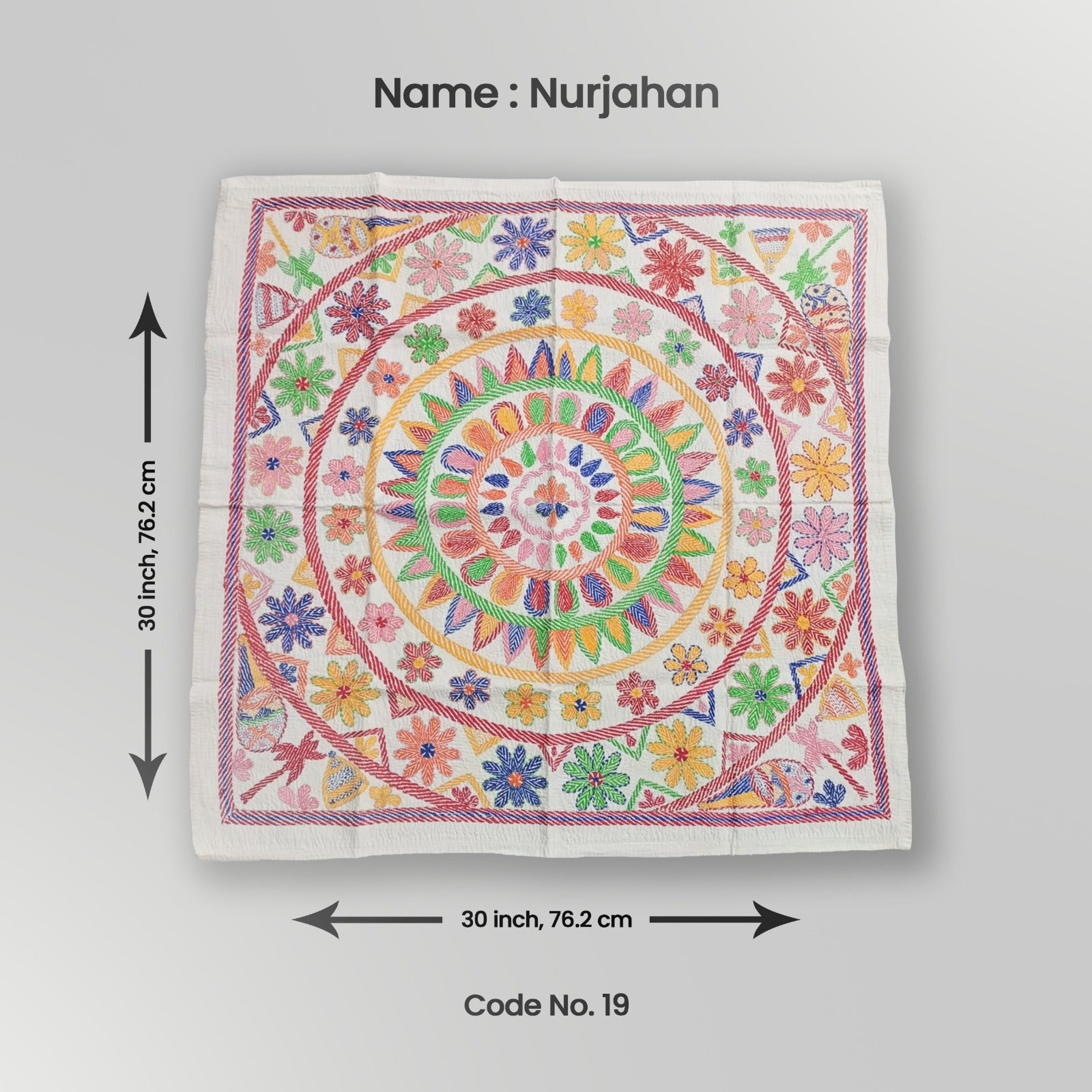 A colorful decorative tapestry featuring a geometric pattern with floral motifs, displayed against a white background with measurements indicated.