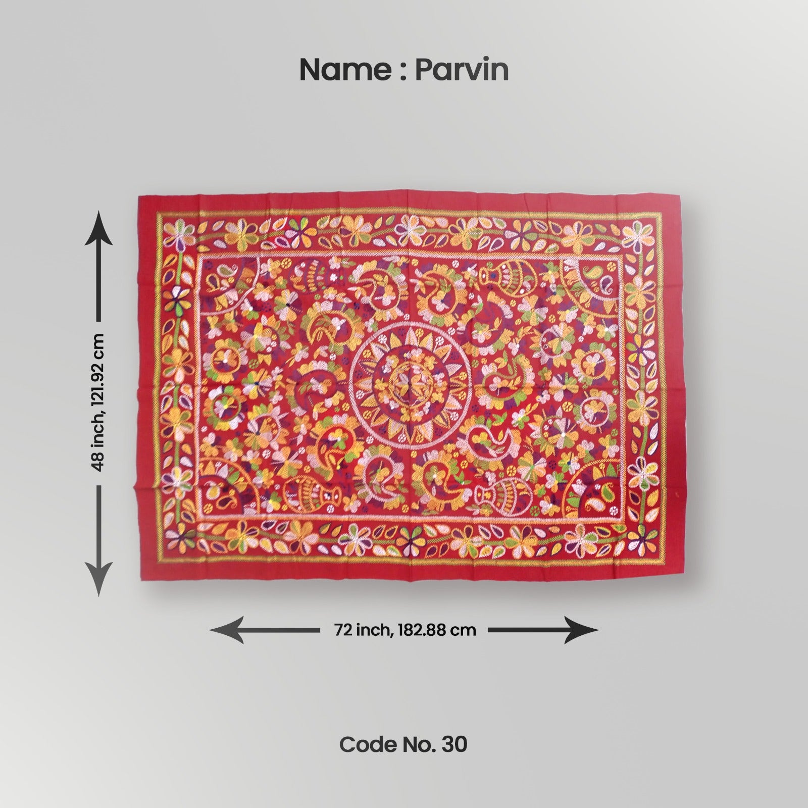 A decorative throw with a geometric pattern, predominantly red with accents of yellow and green, displayed on a white background with measurements provided.