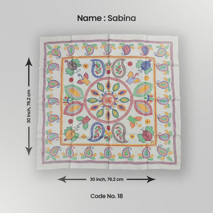 A decorative tapestry with a floral pattern, measuring 30 inches by 30 inches, laid flat on a white background with dimensions labeled.